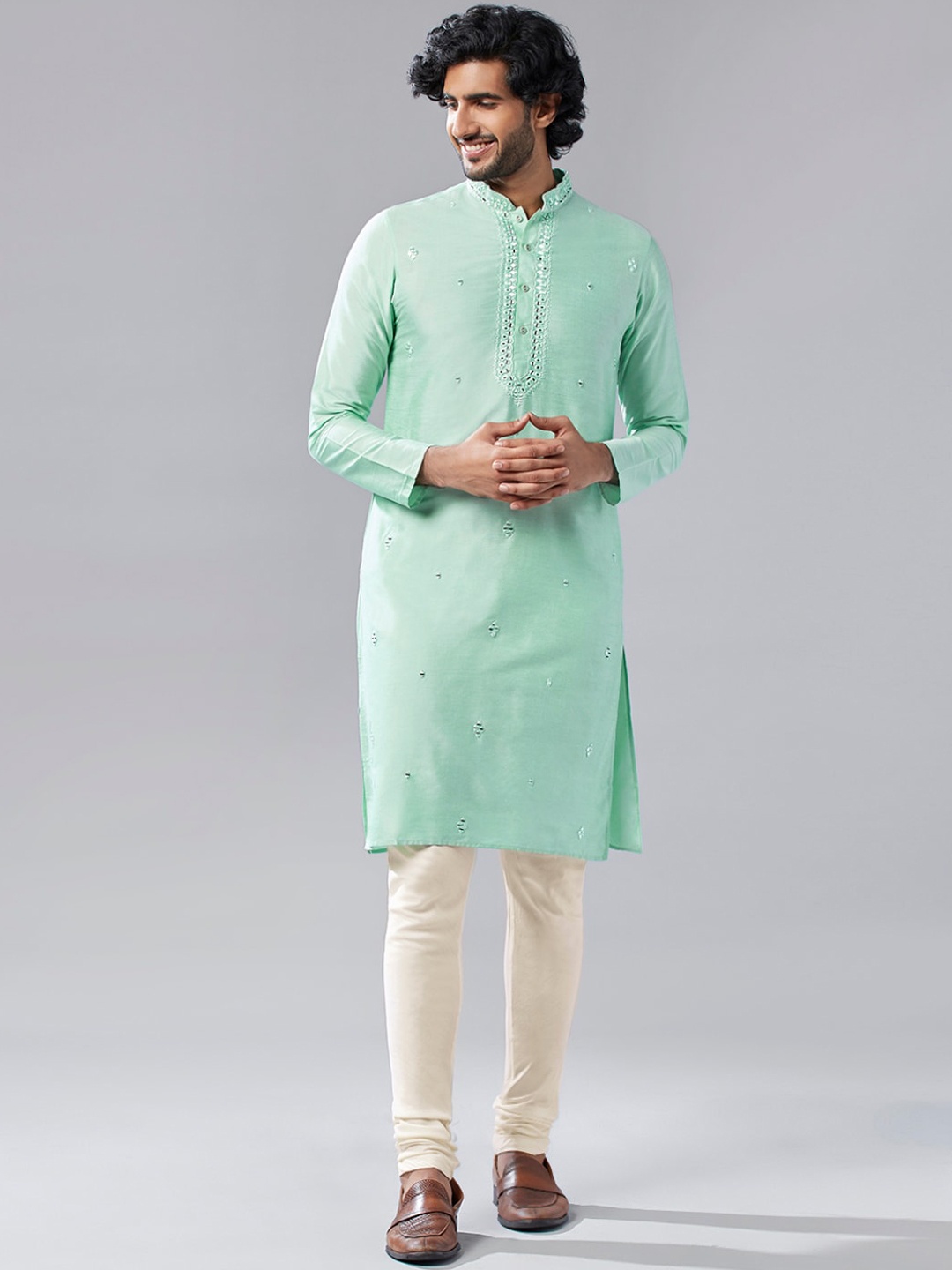 

KISAH Ethnic Motifs Embroidered Regular Mirror Work Kurta With Churidar, Sea green