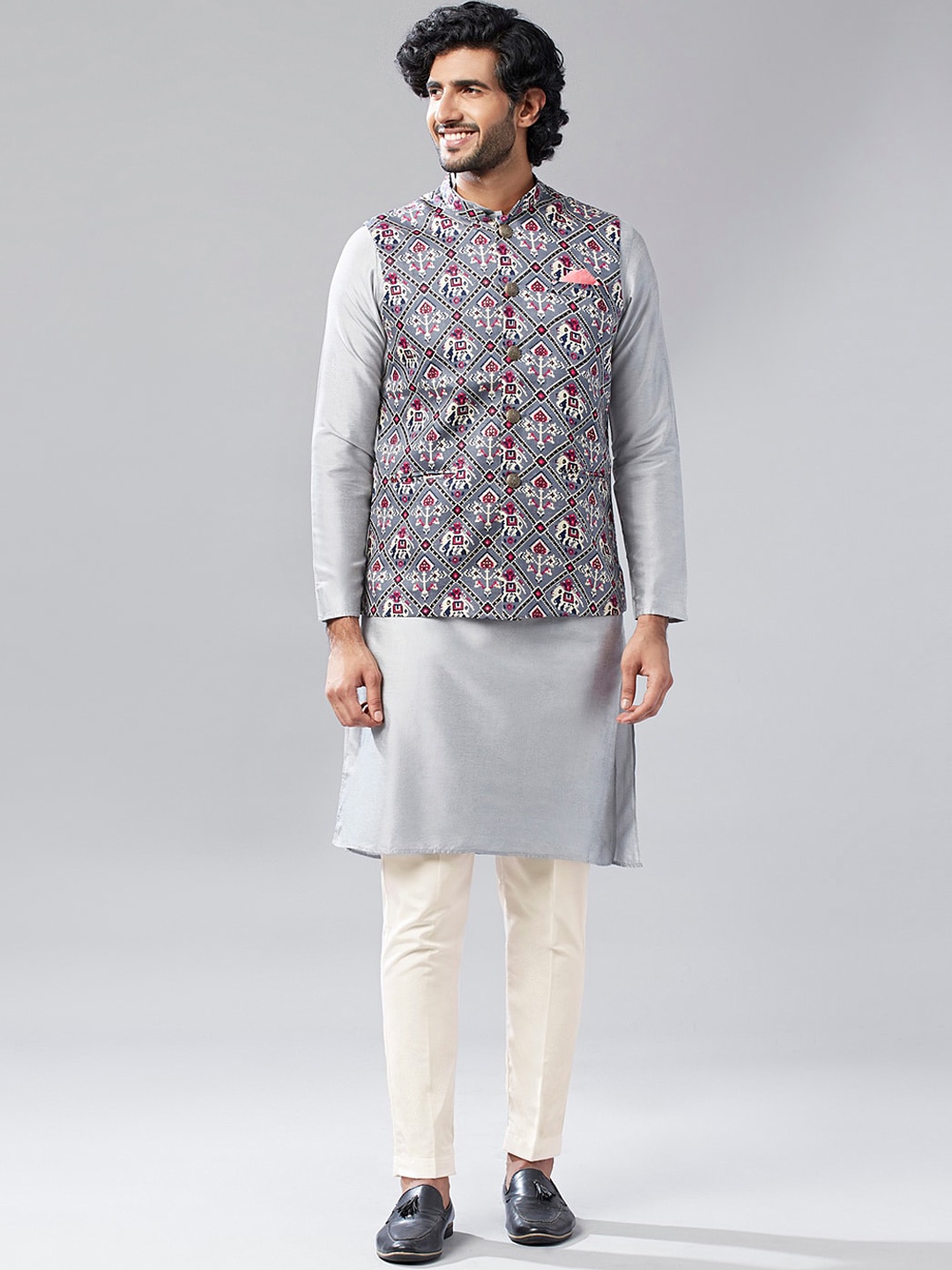 

KISAH Kurta & Trousers With Ethnic Motifs Printed Nehru Jacket, Grey