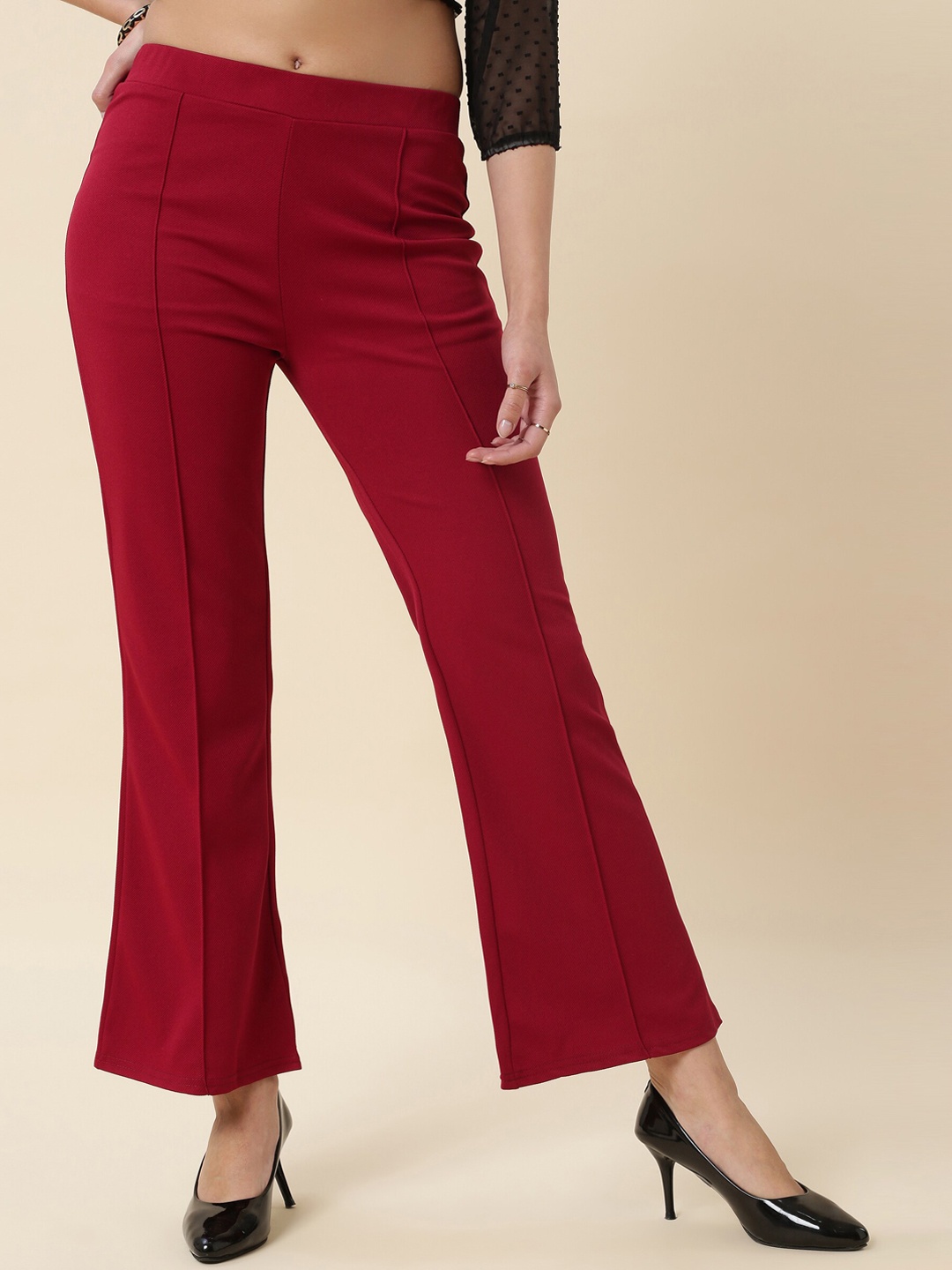 

FITHUB Women Relaxed Straight Leg Flared High-Rise Easy Wash Bootcut Trouser, Maroon
