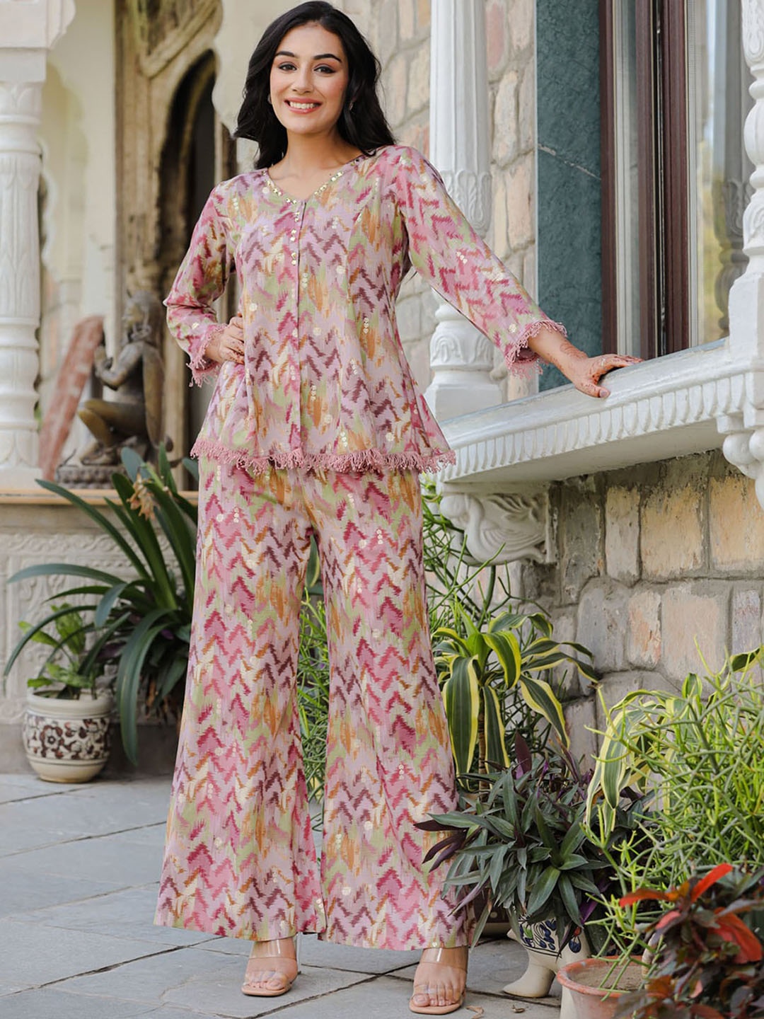 

FASHION DWAR Printed Cotton Tunic With Palazzos, Peach