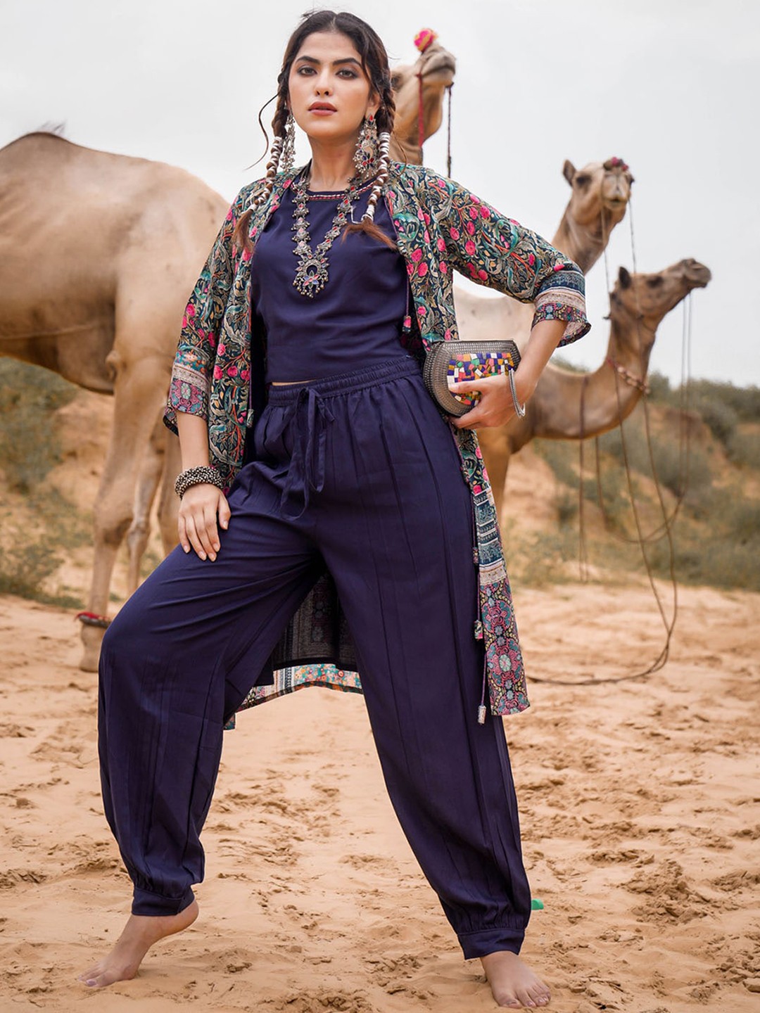 

FASHION DWAR Solid Top With Palazzos And Printed Shrug Co-Ords, Blue