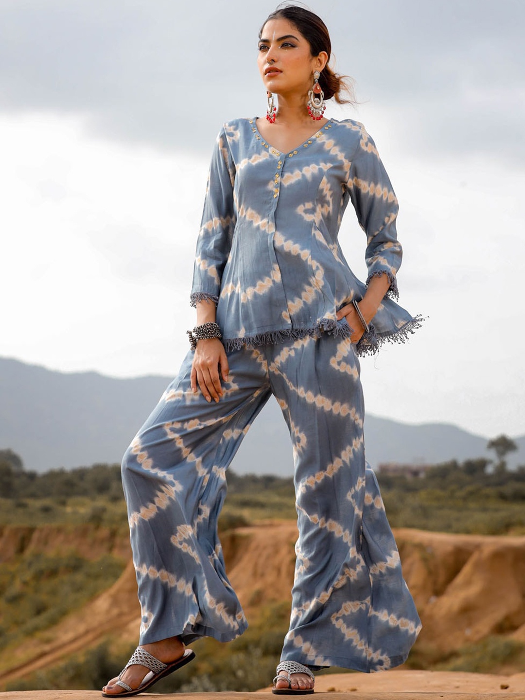 

FASHION DWAR Pure Cotton Printed V-Neck Tunic With Palazzos, Blue