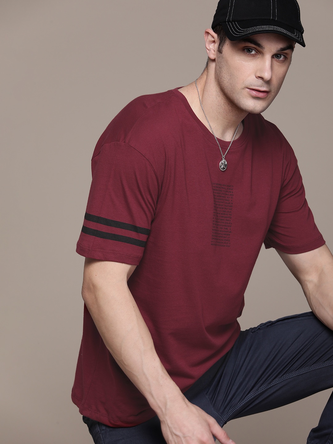 

The Roadster Lifestyle Co. Oversized Fit Printed Detail Pure Cotton T-shirt, Maroon