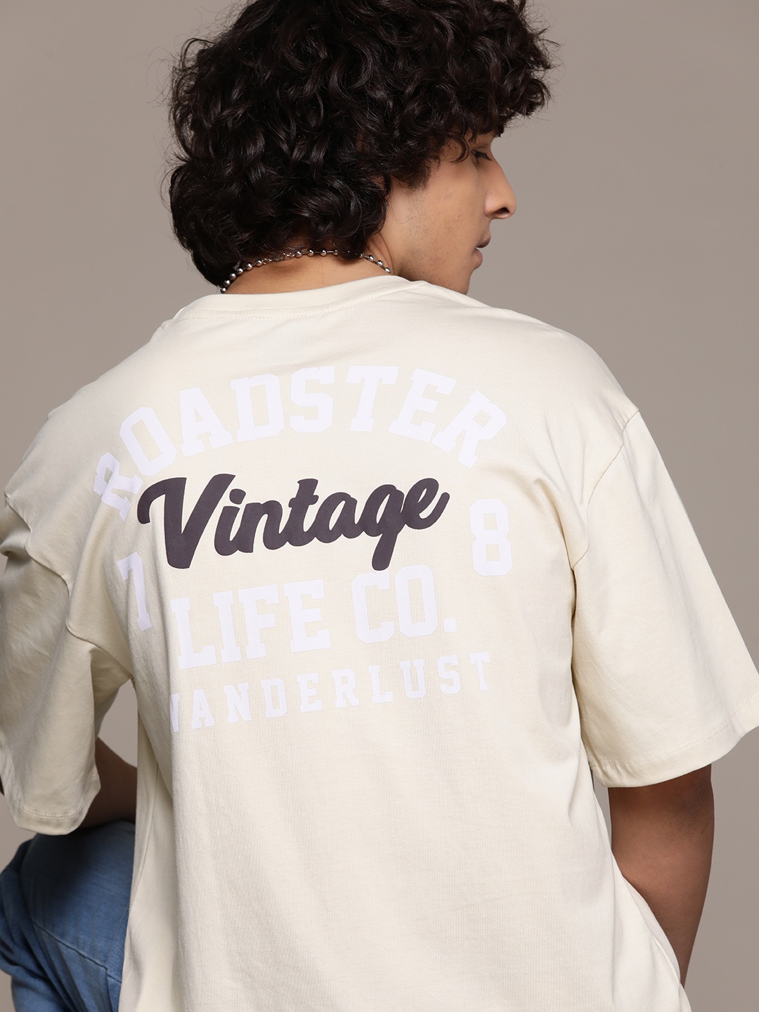 

The Roadster Lifestyle Co Typography Printed Relaxed Fit Pure Cotton T-shirt, Cream