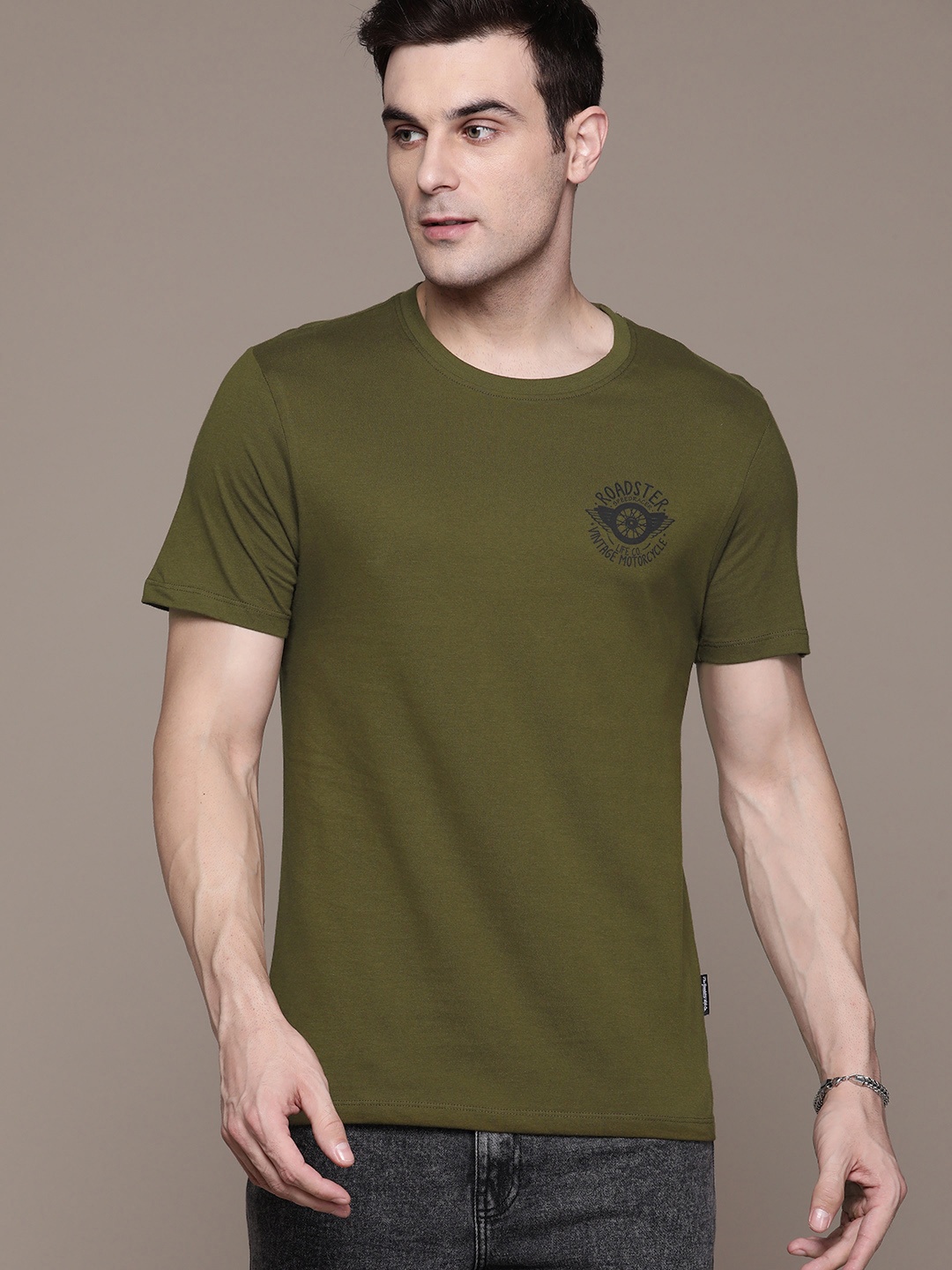 

The Roadster Lifestyle Co. Printed Detail Pure Cotton T-shirt, Olive