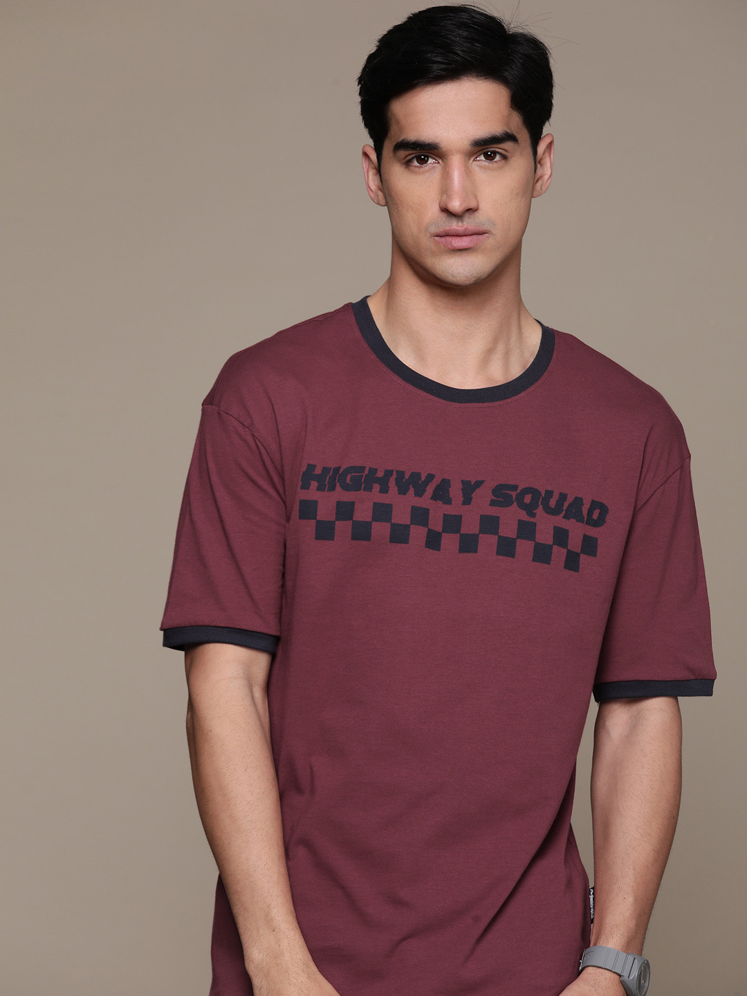 

The Roadster Lifestyle Co. Typography Printed Drop-Shoulder Sleeves Pure Cotton T-shirt, Maroon