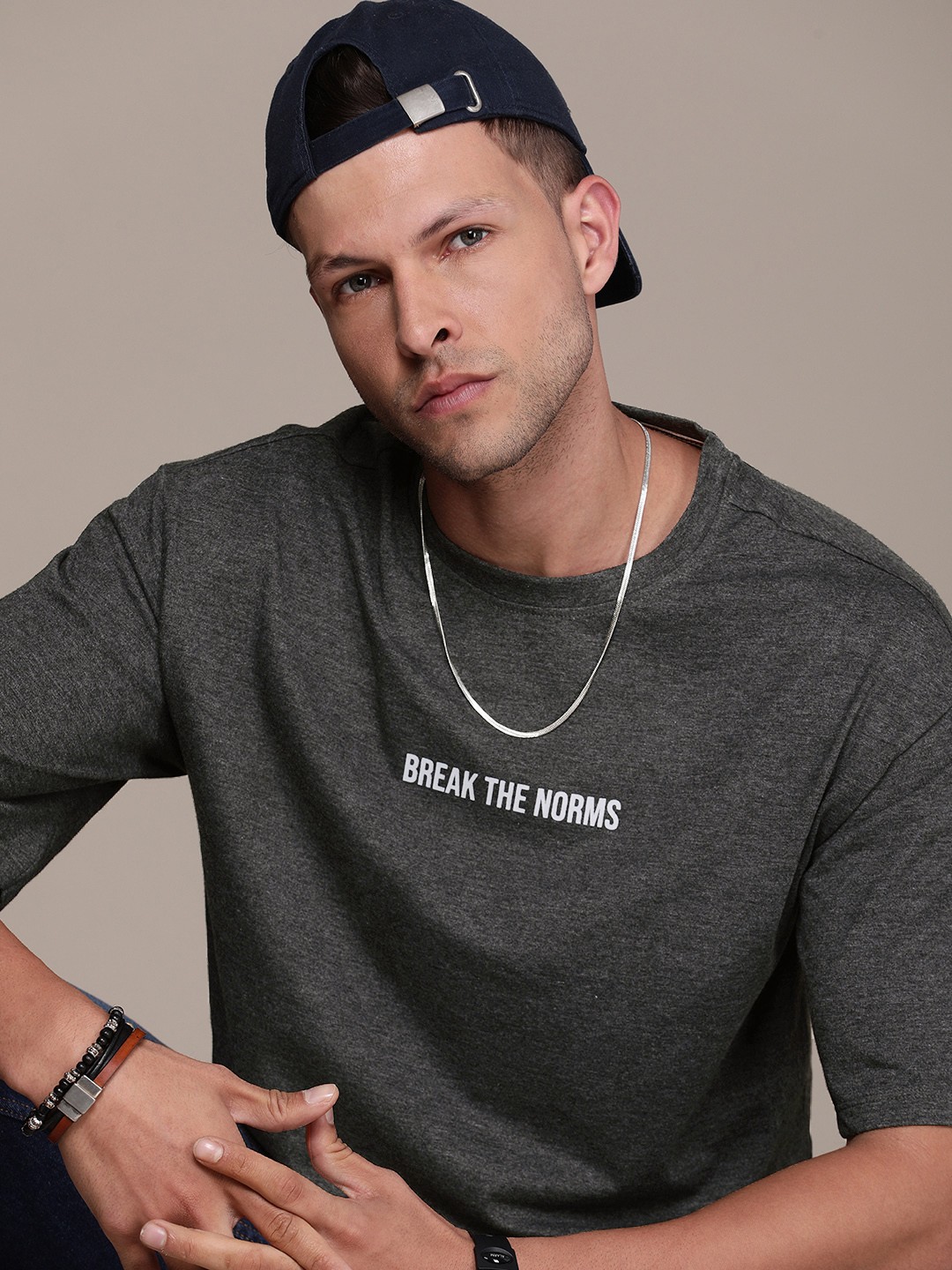 

The Roadster Life Co. Typography Printed Drop-Shoulder Sleeves T-shirt, Grey melange