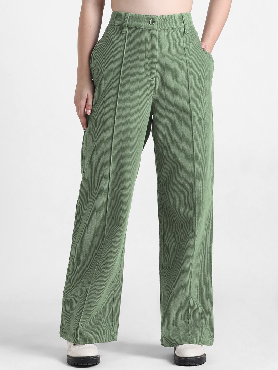 

ONLY Women Onlmia Cordroy High-Rise Parallel Pure Cotton Trousers, Green