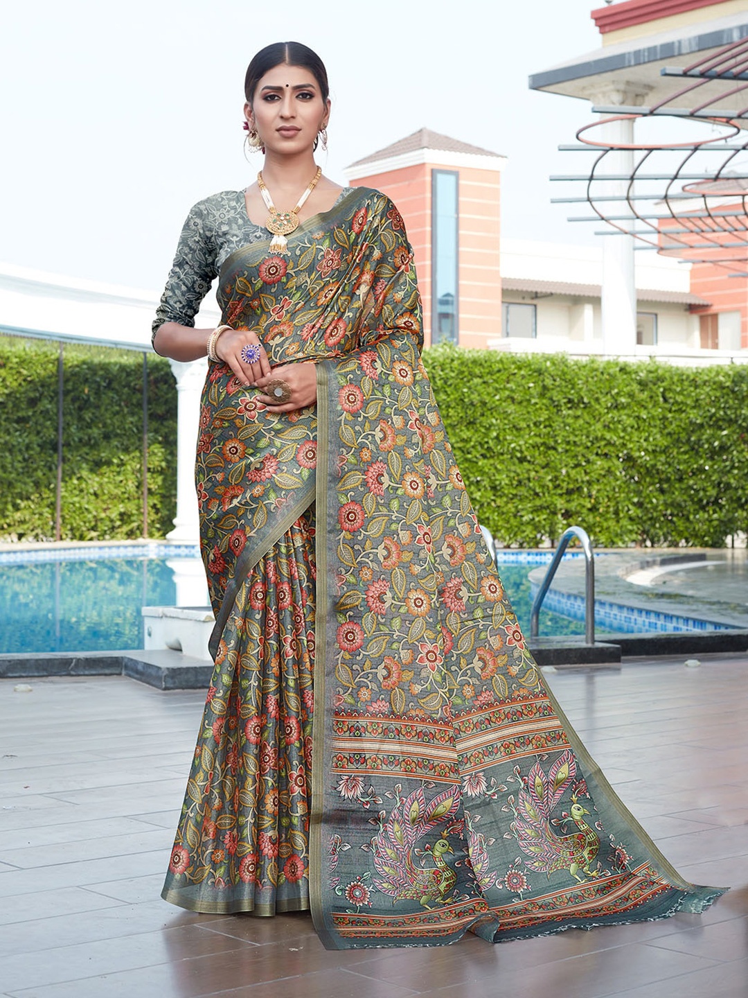 

Pisara Floral Printed Zari Silk Cotton Saree, Grey
