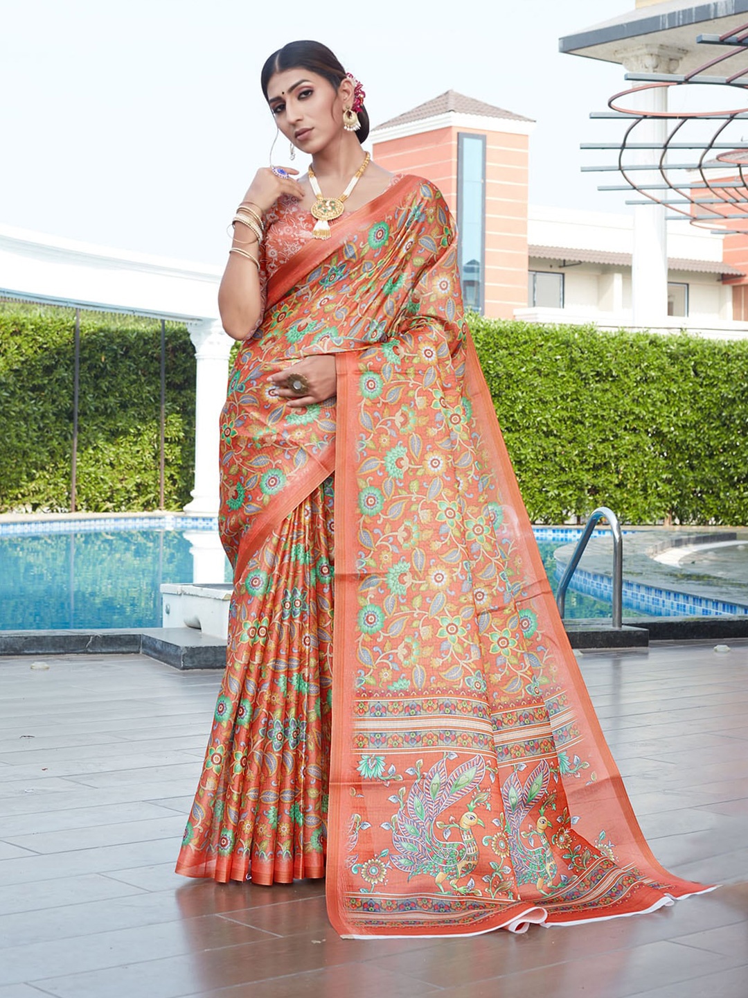 

Pisara Ethnic Motifs Printed Silk Cotton Saree, Peach