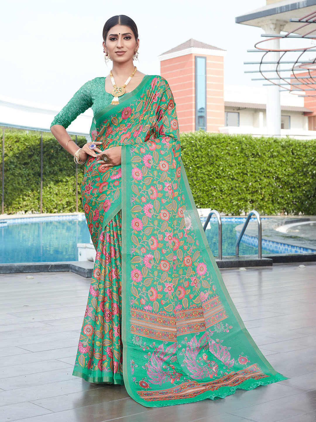 

Pisara Floral Printed Silk Cotton Saree, Sea green