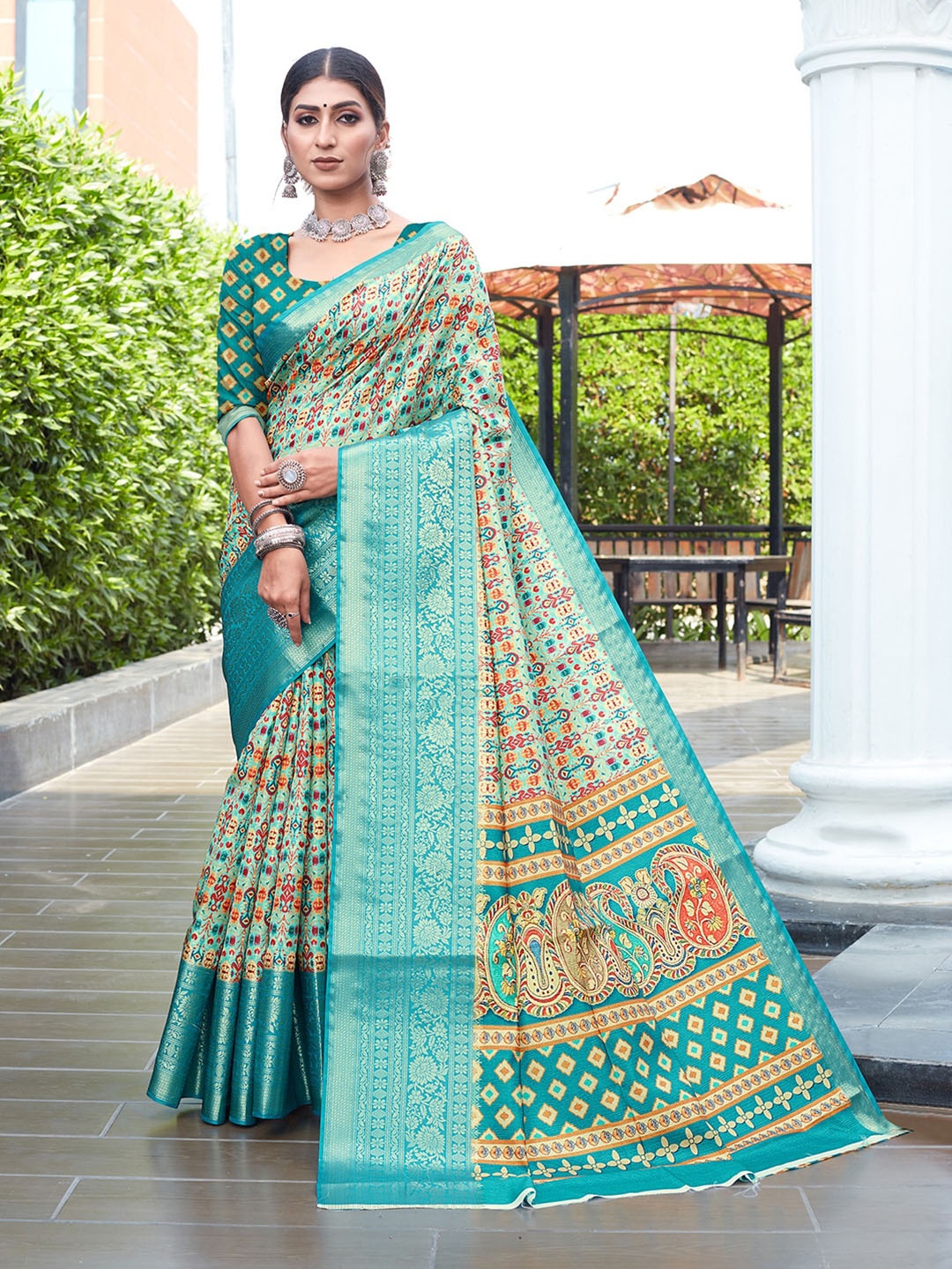 

Pisara Ethnic Motifs Printed Zari Detailed Silk Cotton Saree, Turquoise blue