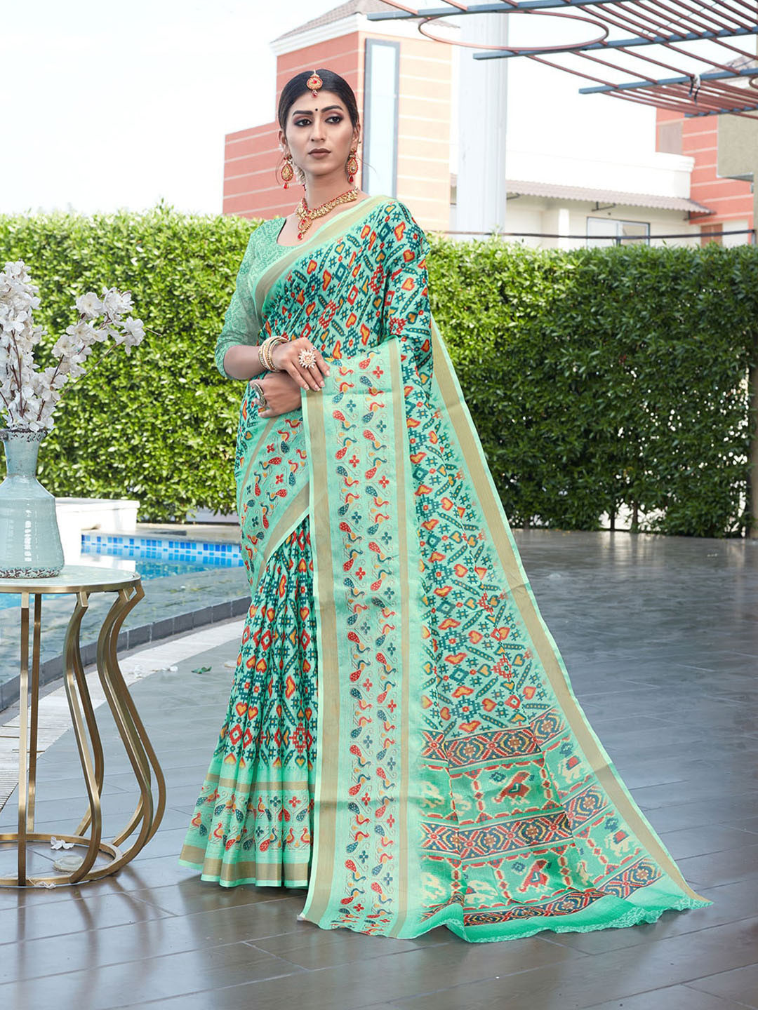 

Pisara Ethnic Motifs Printed Silk Cotton Saree, Sea green