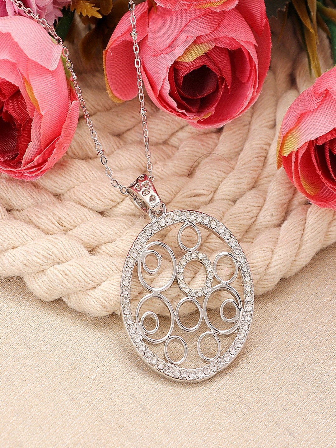 

UNIVERSITY TRENDZ Silver-Plated Round Crystal Work Pendant Chain