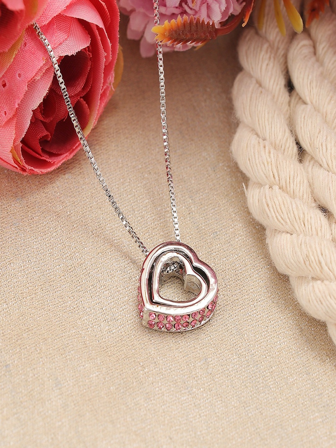 

UNIVERSITY TRENDZ Silver-Plated Crystal-Studded Heart Shaped Pendant Chain