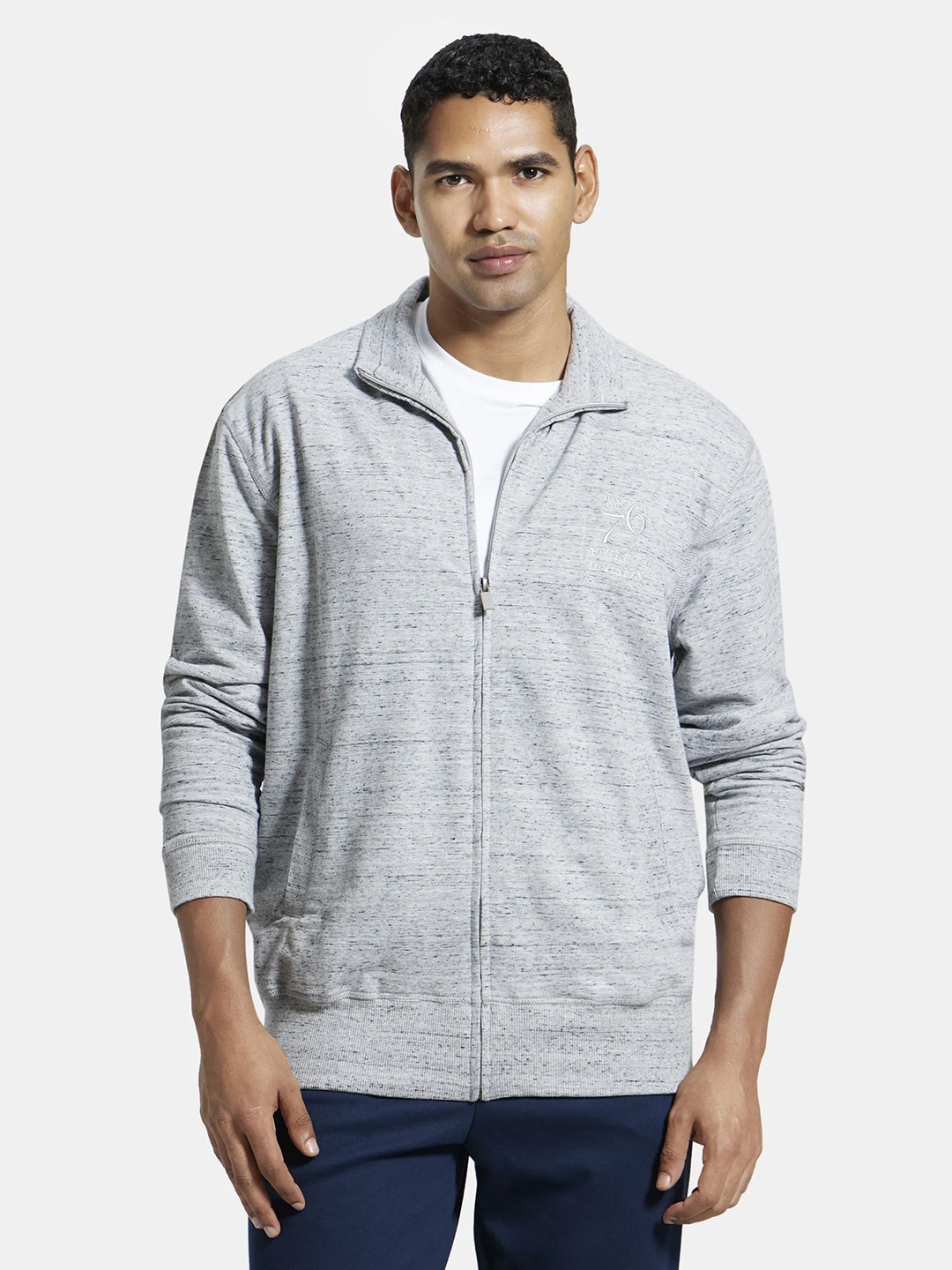 

Jockey Self Design Mock Collar Cotton Open Front Jacket, Grey