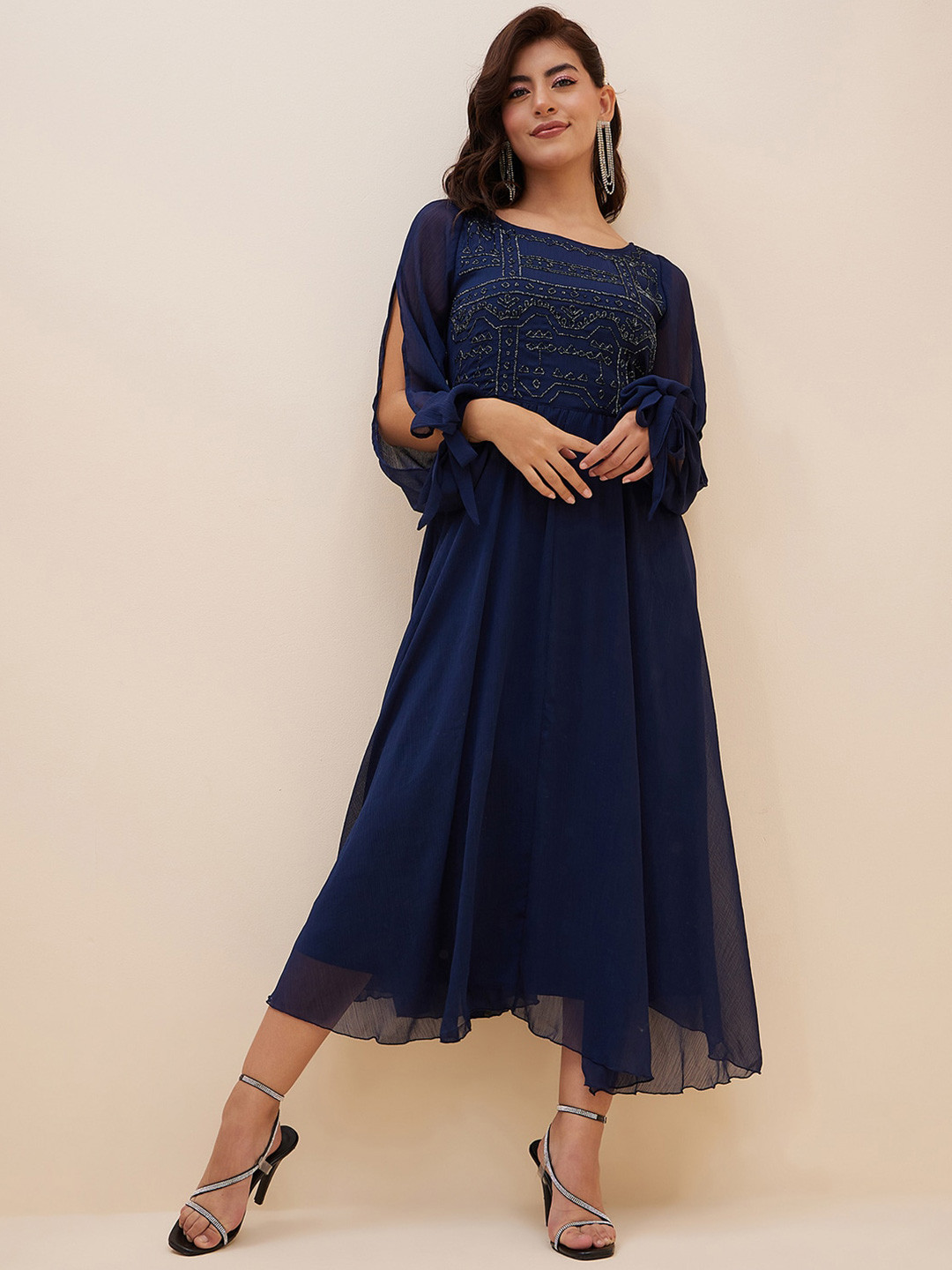 

Antheaa Embellished Slit Sleeve Chiffon Fit & Flare Midi Dress, Blue