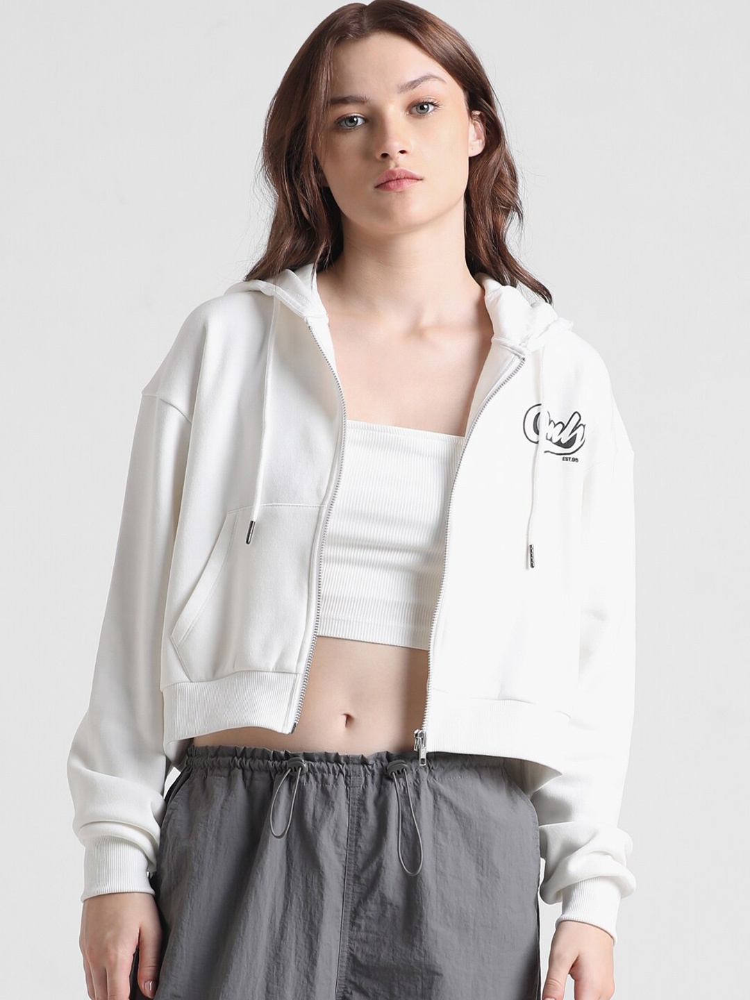 

ONLY Hooded Front Open Cropped Sweatshirt, White