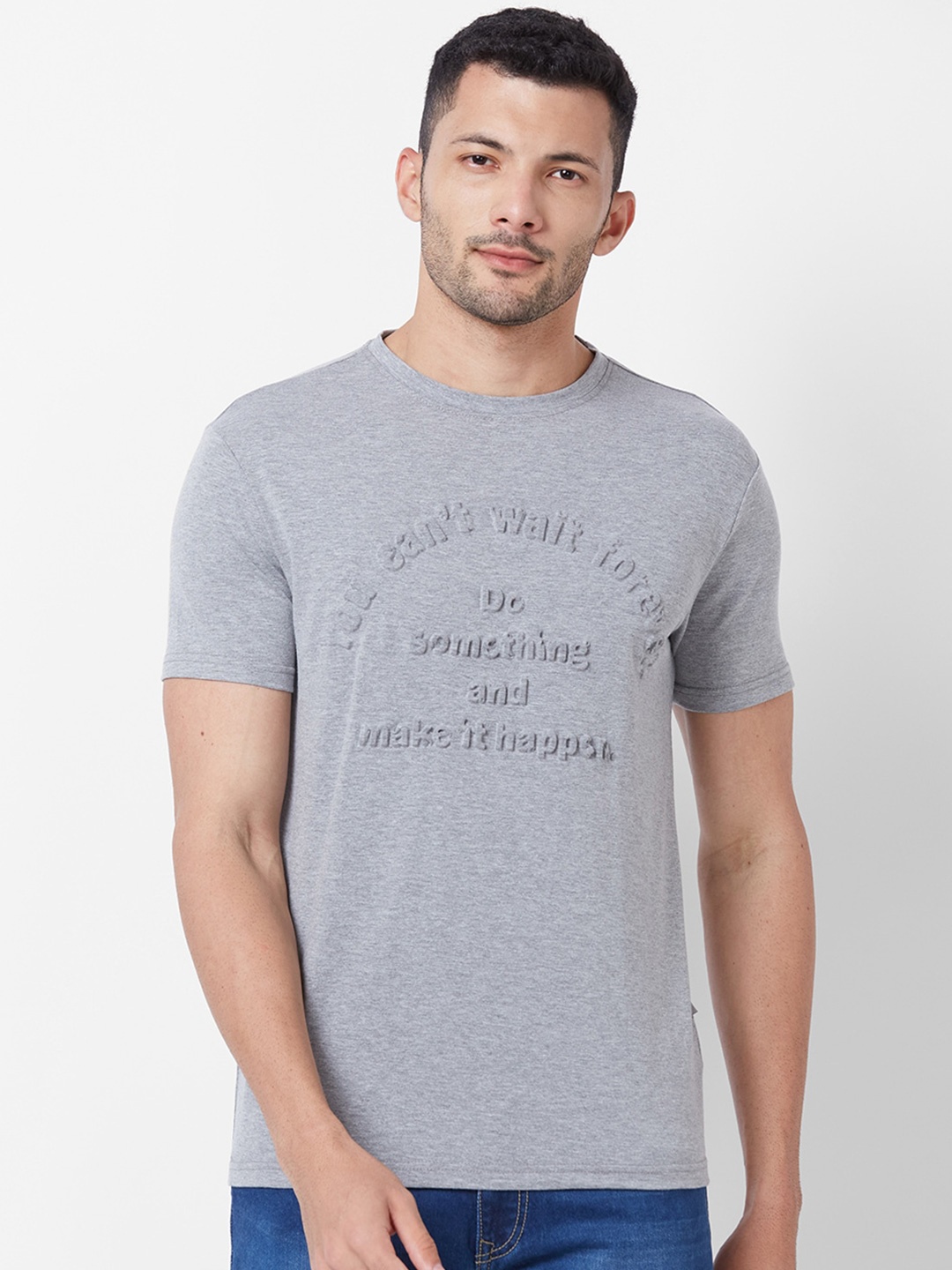 

GIORDANO Typography Printed Pure Cotton Slim Fit T-shirt, Grey melange