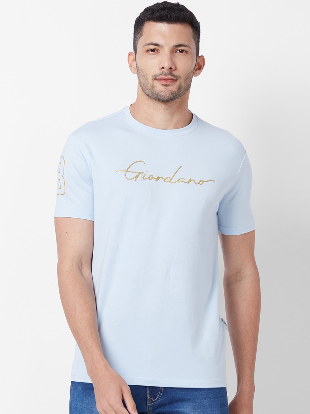 GIORDANO Slim Fit Typography Printed Pure Cotton T-shirt, Blue