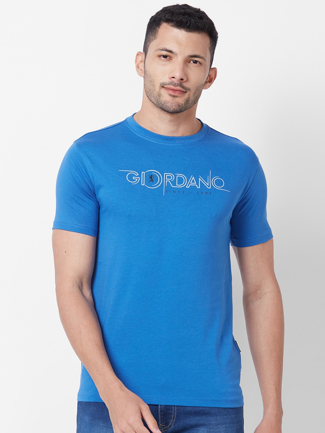 

GIORDANO Slim Fit Typography Printed Pure Cotton T-shirt, Blue