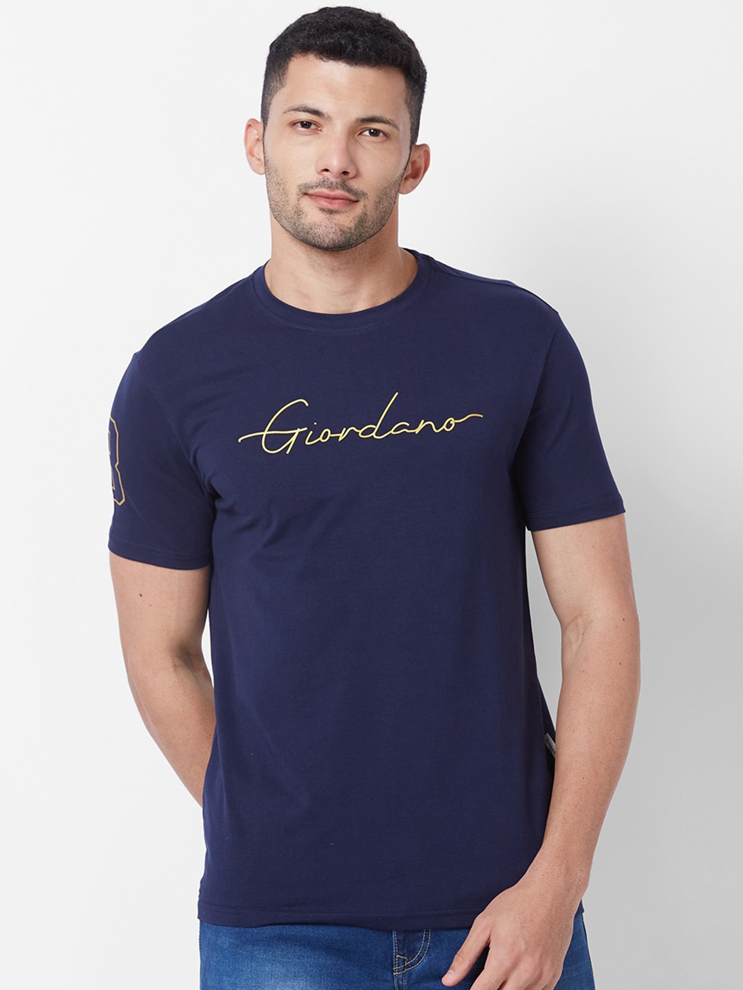 

GIORDANO Typography Printed Pure Cotton Slim Fit T-shirt, Navy blue