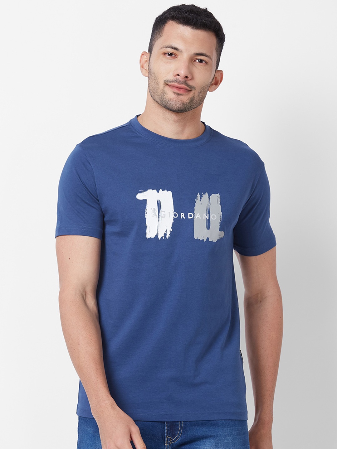 

GIORDANO Slim Fit Typography Printed Pure Cotton T-shirt, Blue