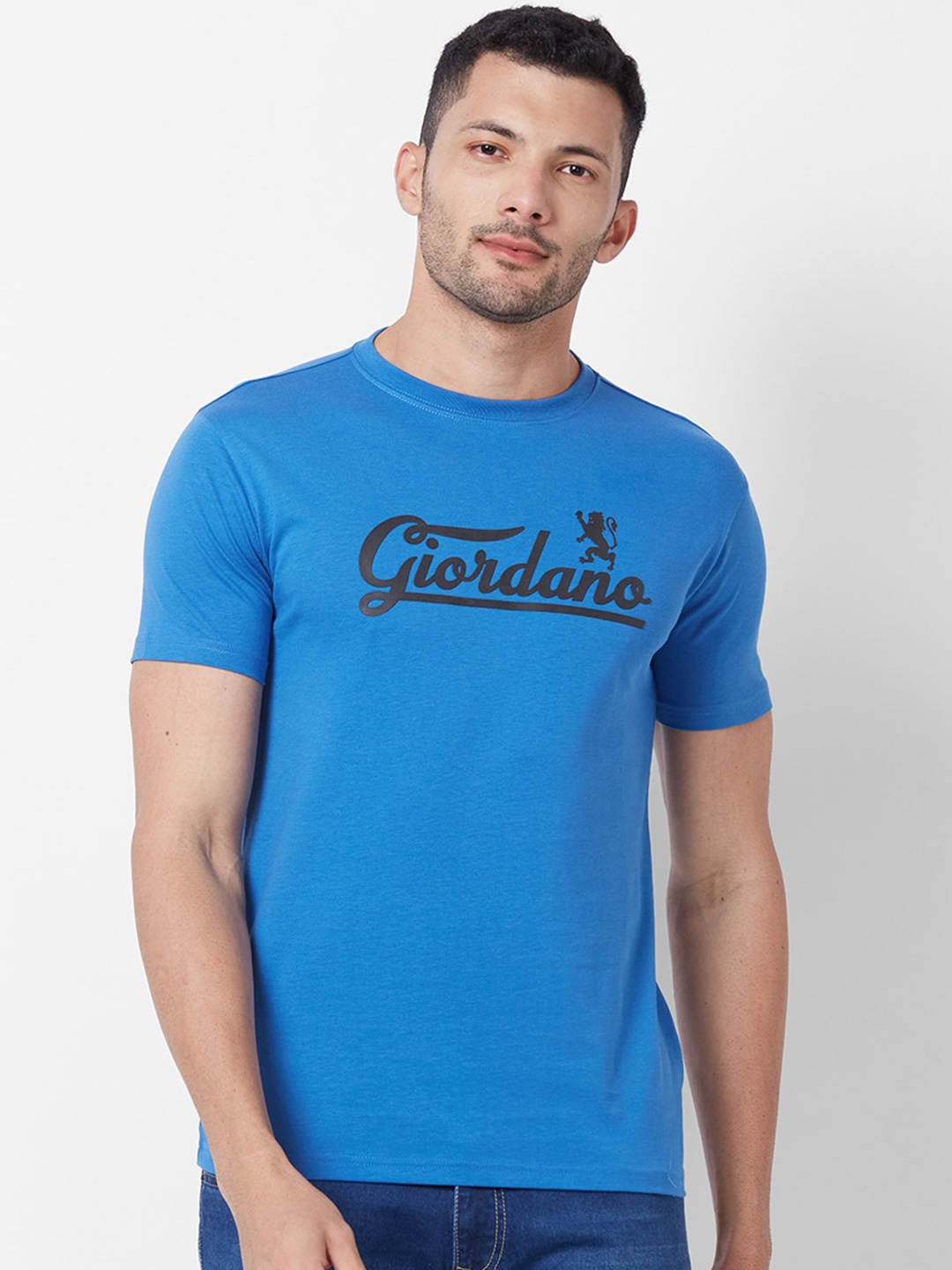 

GIORDANO Slim Fit Typography Printed Pure Cotton T-shirt, Blue
