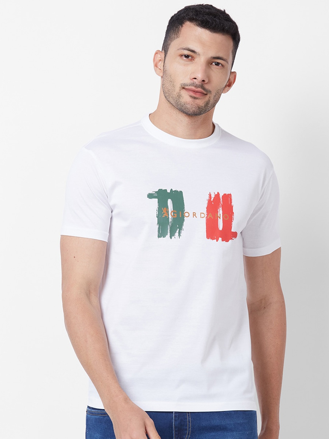 GIORDANO Slim Fit Typography Printed Pure Cotton T-shirt, White