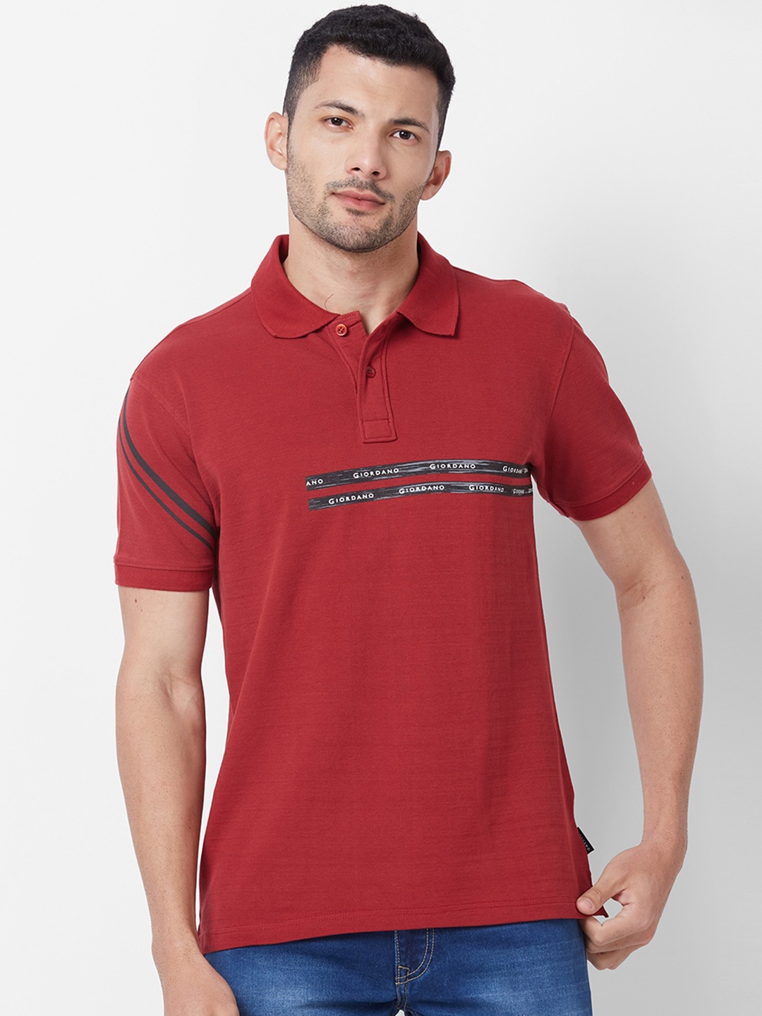 

GIORDANO Slim Fit Typography Printed Polo Collar T-shirt, Red