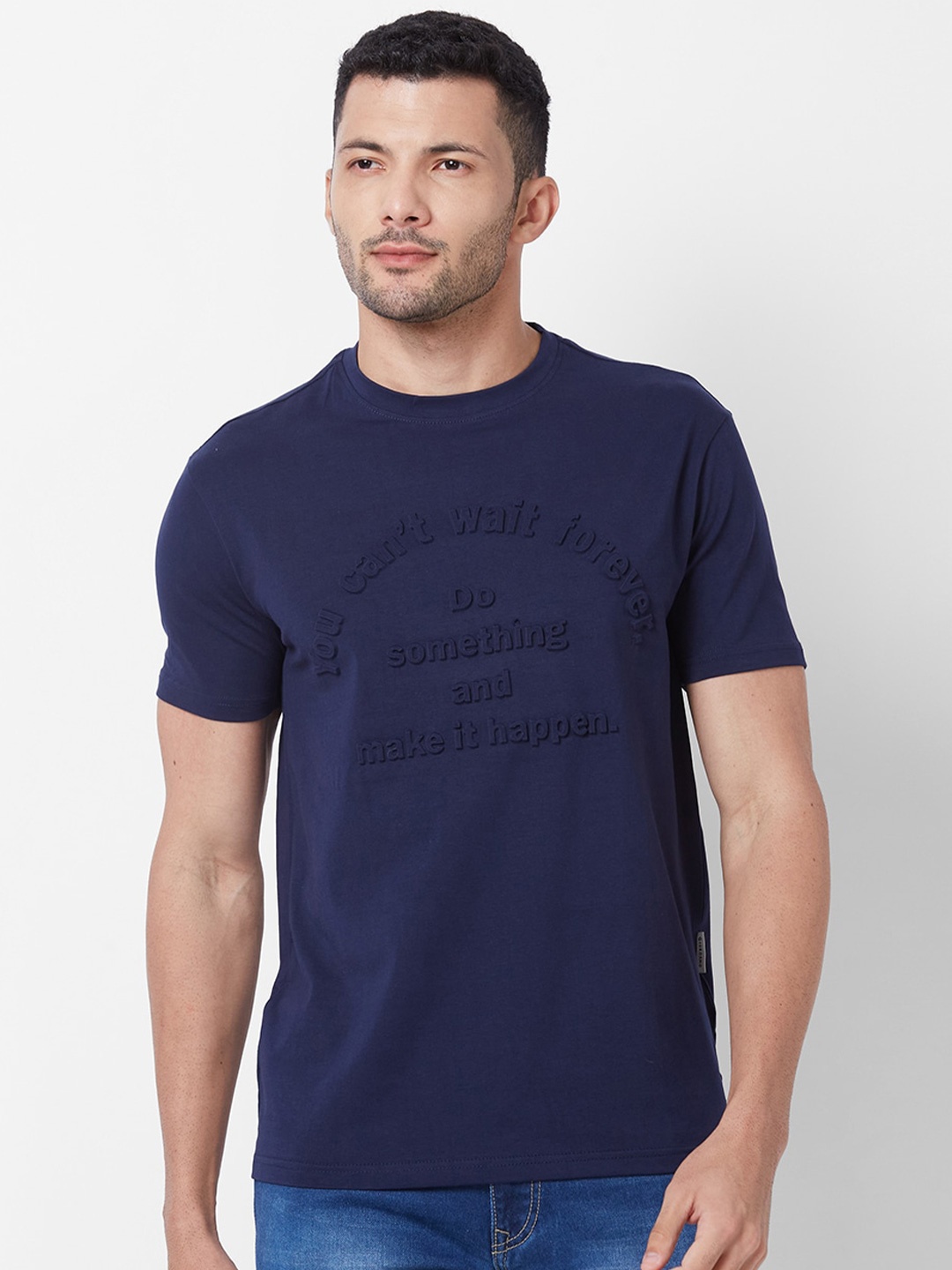 

GIORDANO Slim Fit Typography Printed Round Neck Pure Cotton T-shirt, Blue