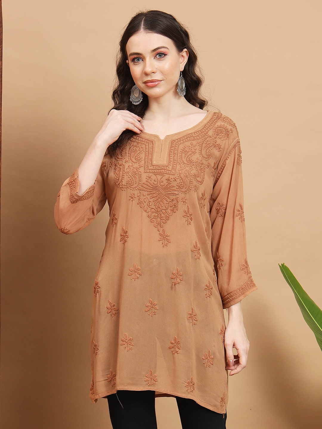 

Ethnava Floral Embroidered Chikankari Straight Kurti, Brown