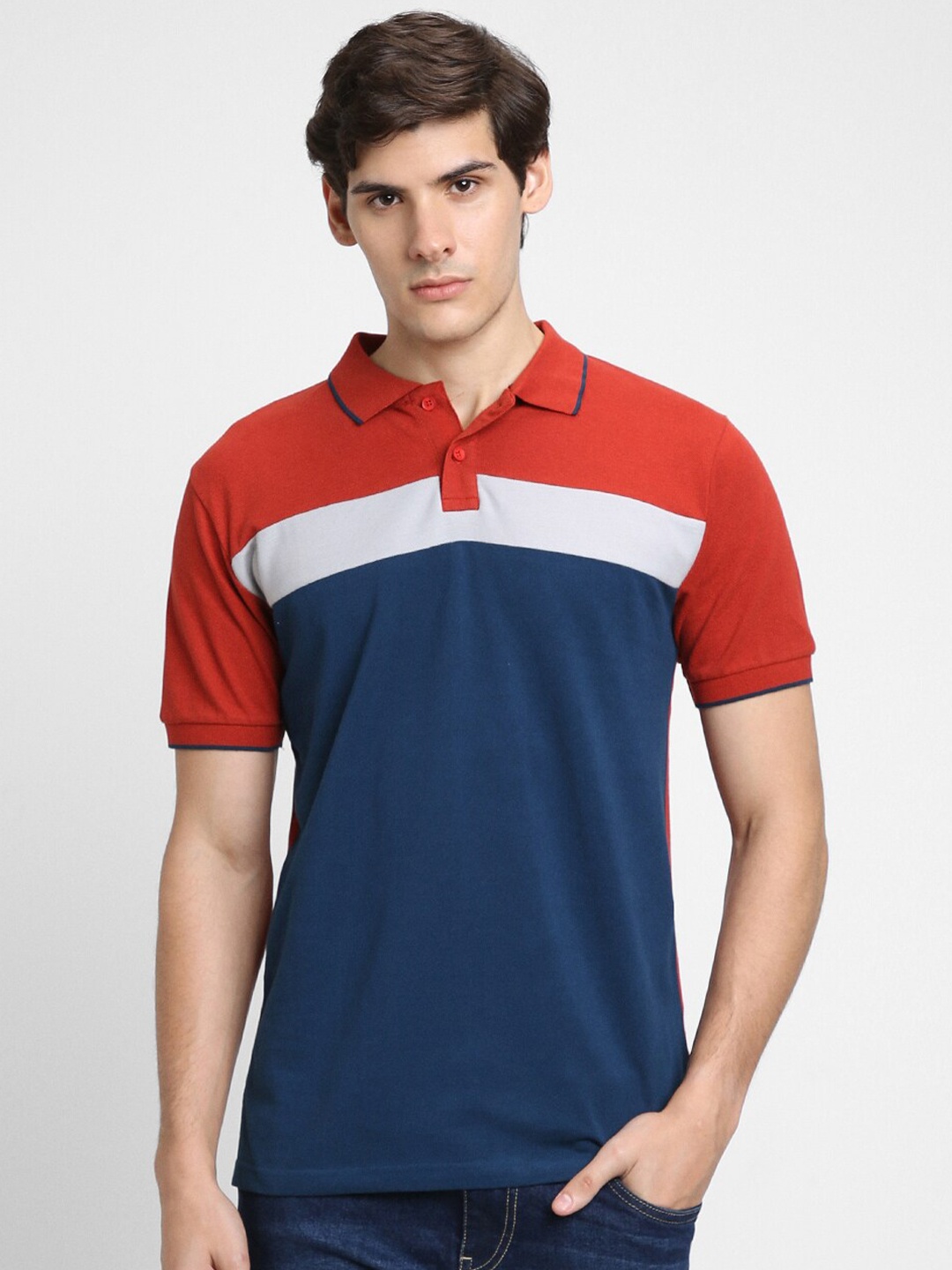 

Dennis Lingo Colourblocked Polo Collar Cotton T-shirt, Rust