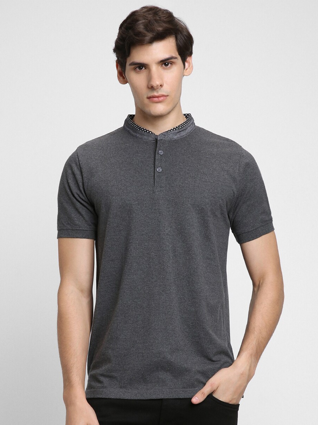 

Dennis Lingo Henley Neck Cotton T-shirt, Grey