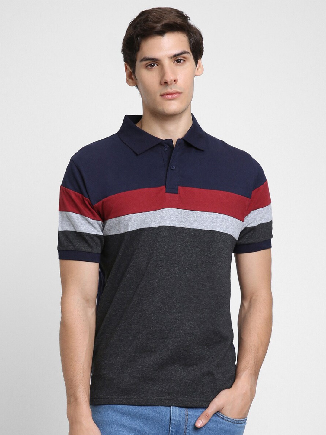 

Dennis Lingo Striped Polo Collar Cotton T-shirt, Navy blue