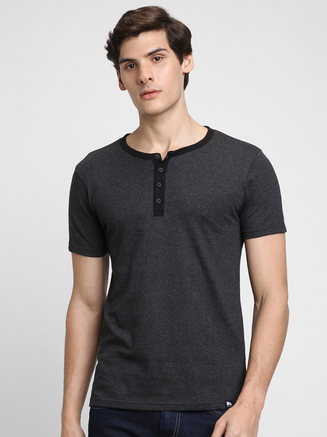 

Dennis Lingo Henley Neck Cotton T-shirt, Grey