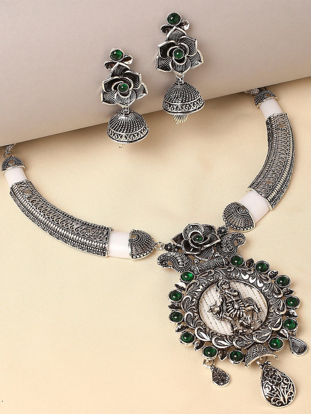 

OOMPH Stones Studded & Beaded Krishna Design Oxidised Jewellery Set, Silver