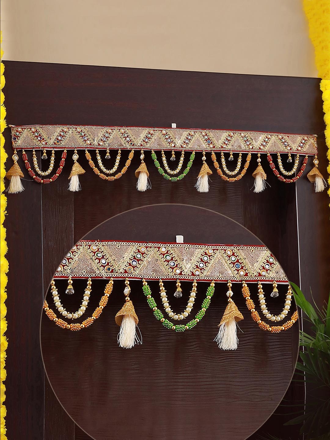 

TIED RIBBONS Golden & Red Wall Door Hanging Bandhanwar Toran, Gold
