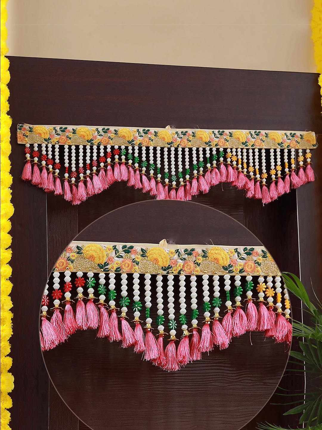 

TIED RIBBONS Pink & Yellow Traditional Wall Door Hanging Bandhanwar Toran