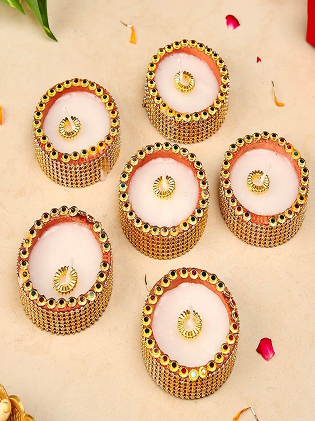 

TIED RIBBONS Set of 6 Terracotta Clay Wax Filled Diwali Diya Candles, Brown