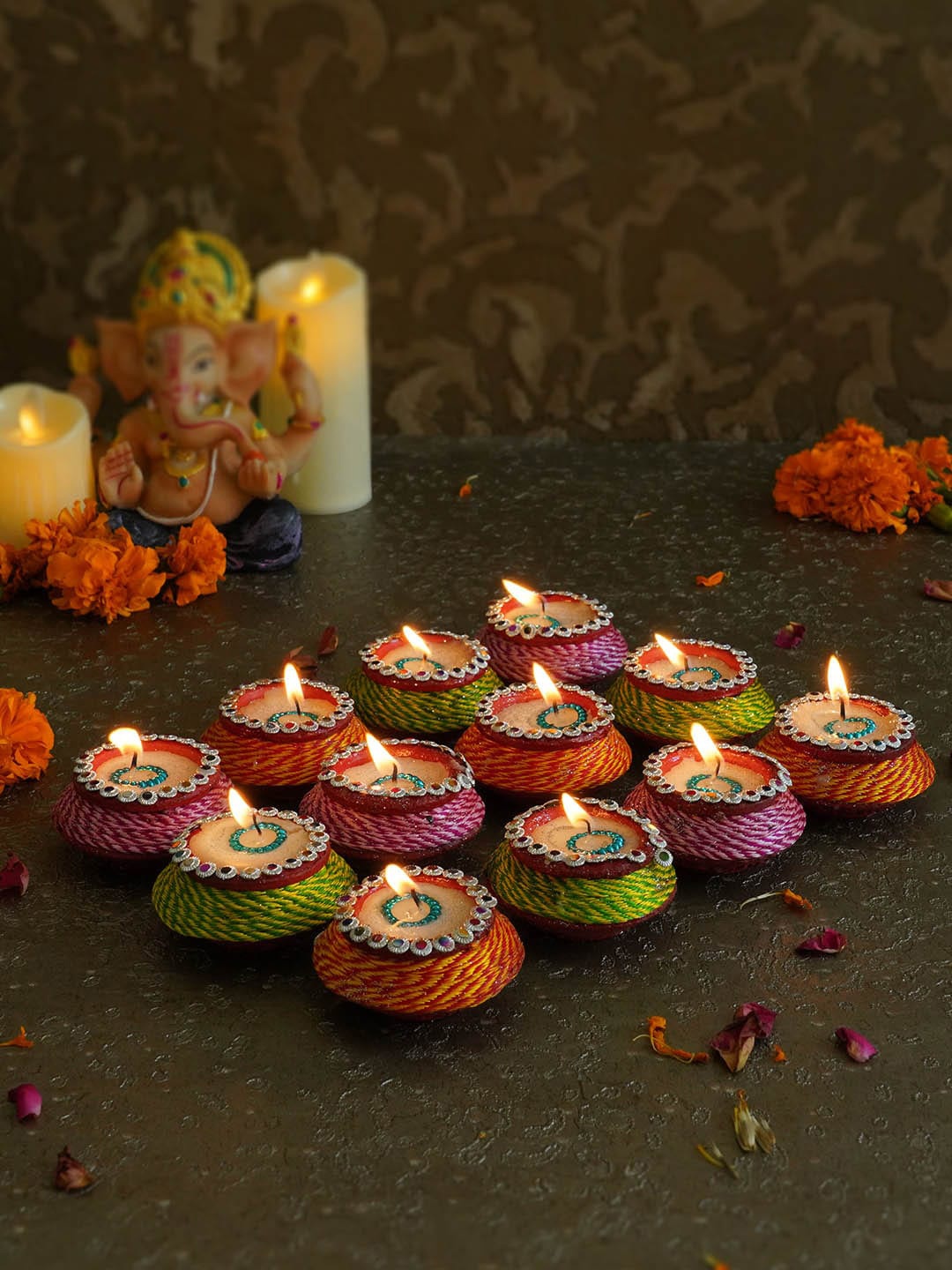 

TIED RIBBONS Orange Pack of 12 Handcrafted Terracotta Clay Wax Filled Diya Candles, Green
