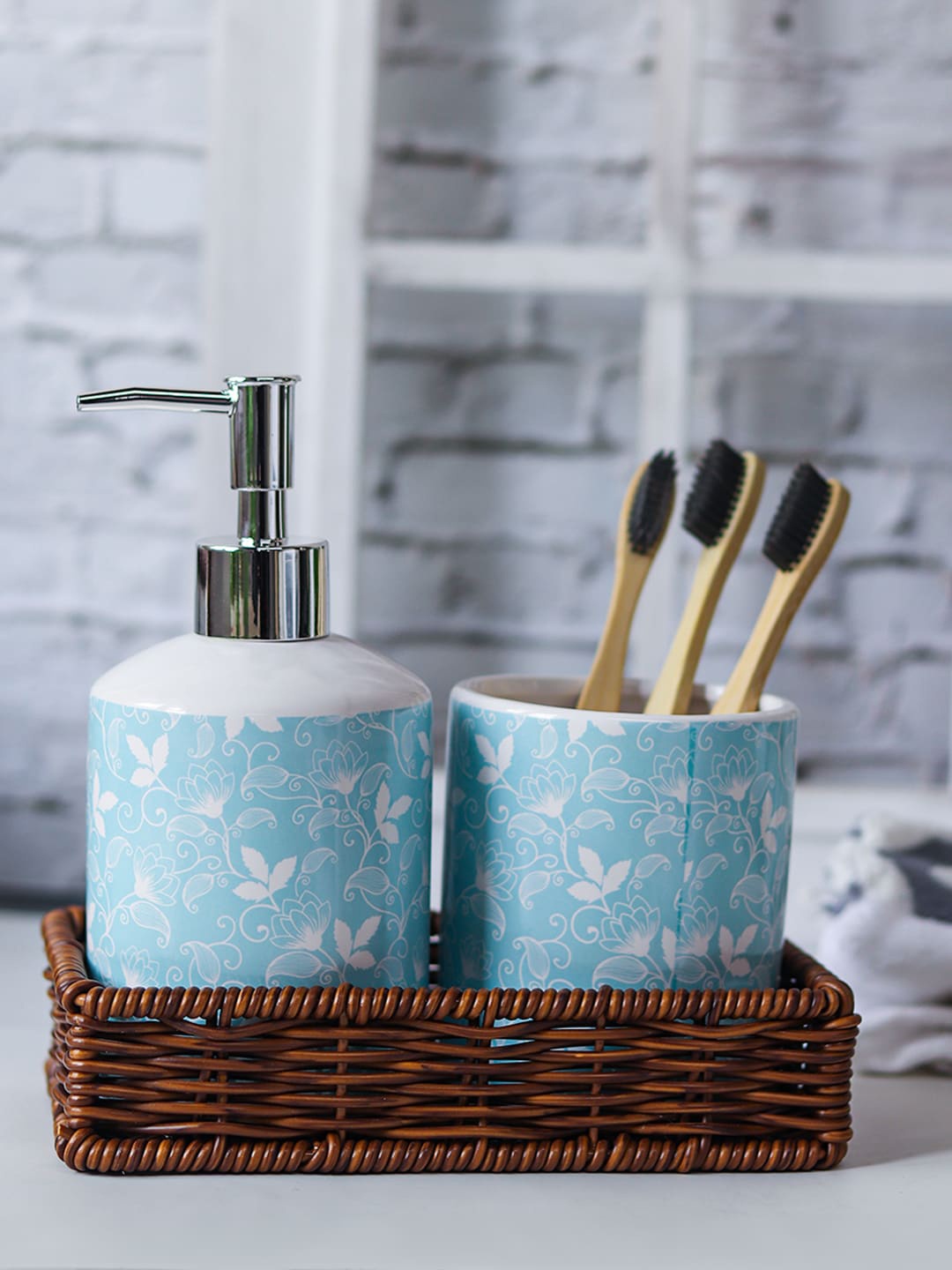 

MARKET99 3 Pcs Blue Floral Printed Ceramic Bathroom Set