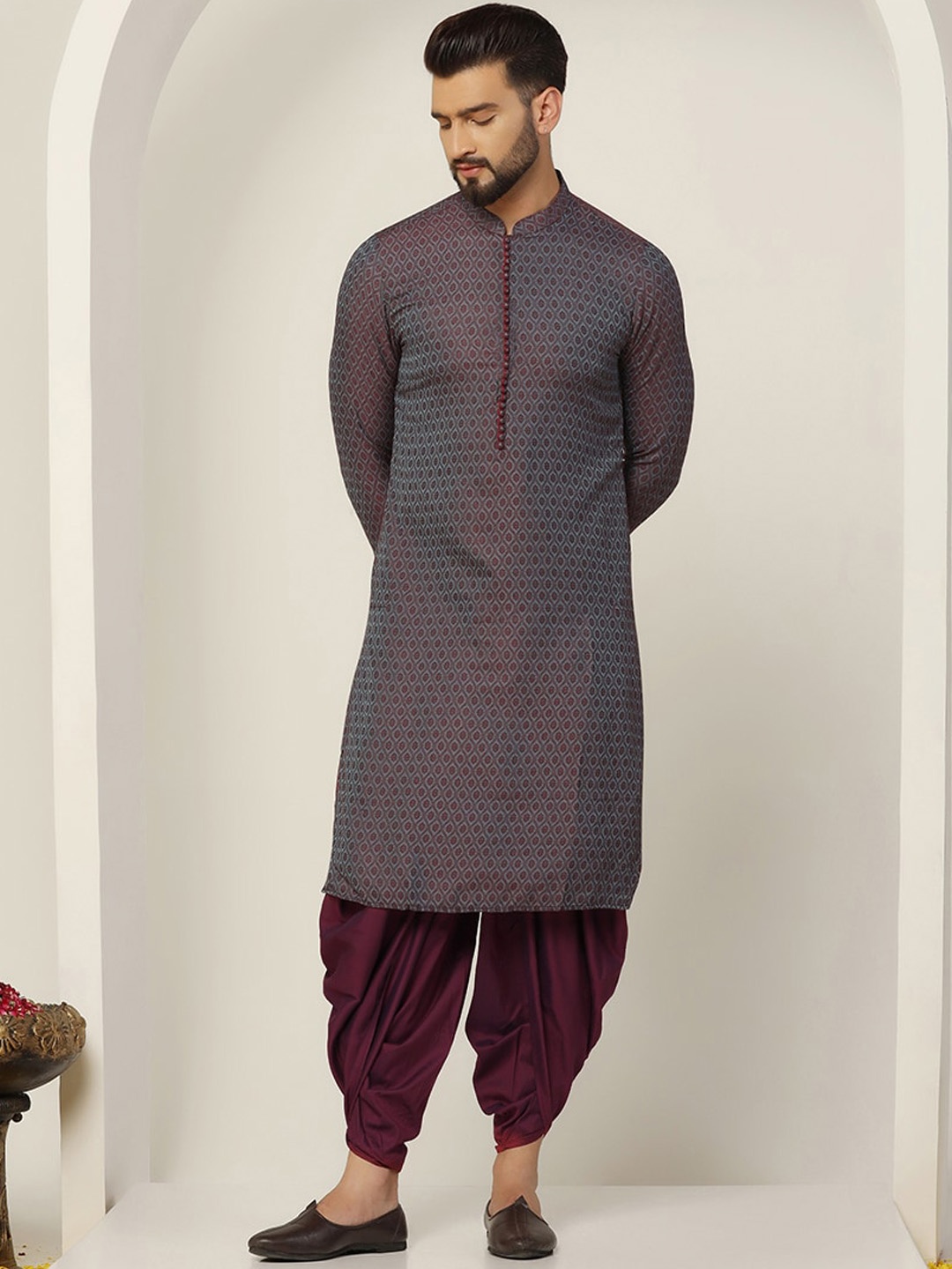 

KISAH Woven Design Mandarin Collar Straight Jacquard Kurta With Dhoti Pants Set, Blue