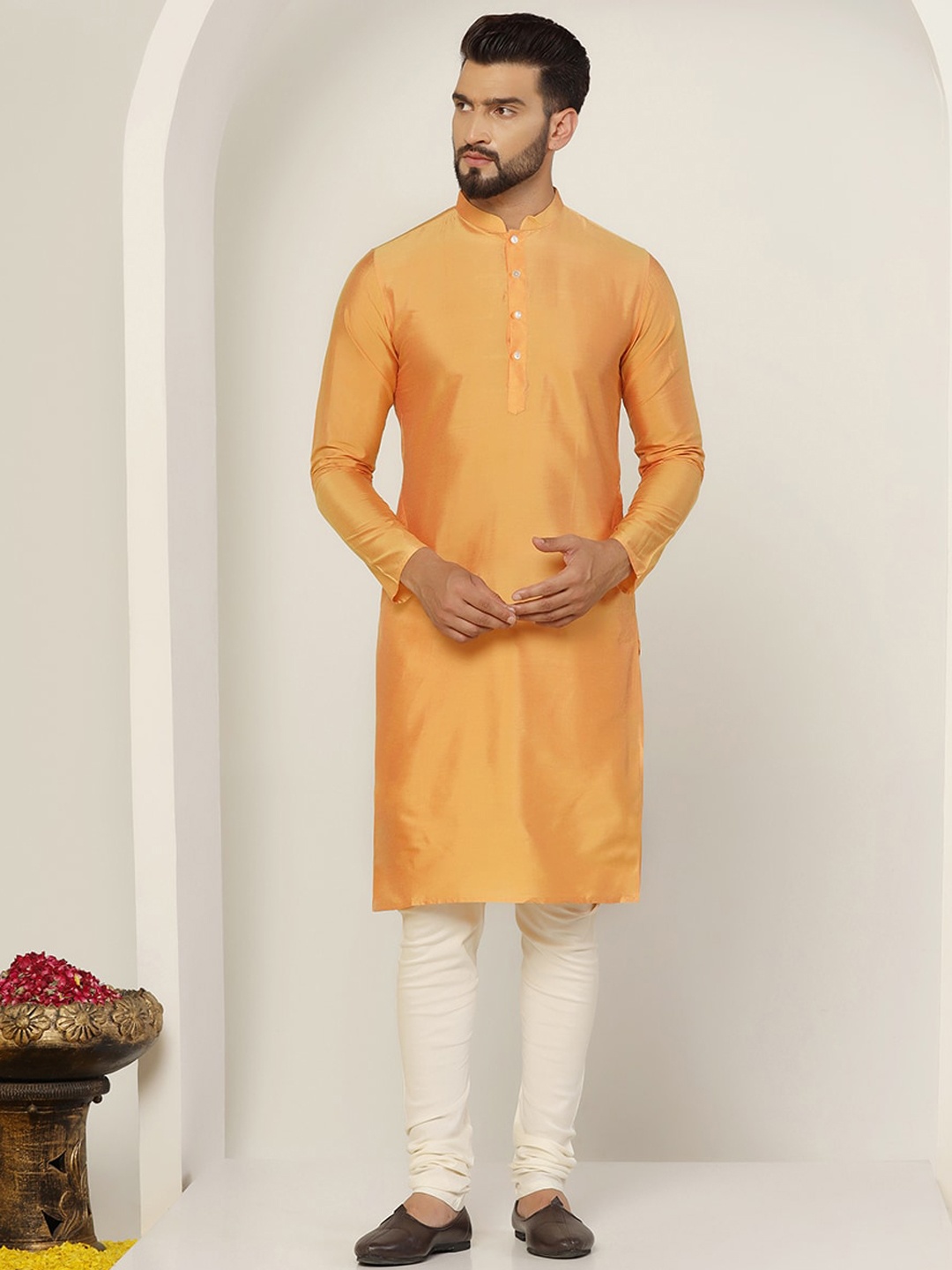 

KISAH Straight Kurta With Churidar & Nehru Jacket, Mustard