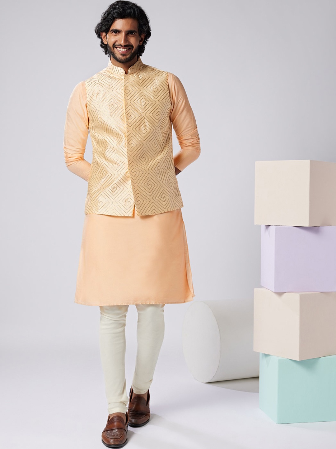 

KISAH Mandarin Collar Art Silk Straight Kurta With Churidar & Nehru Jacket, Nude