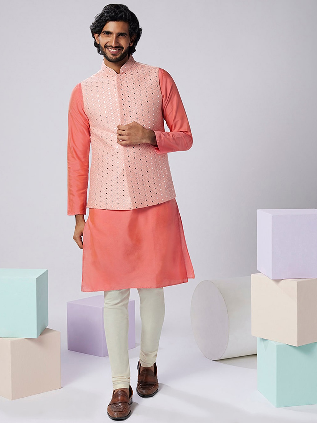 

KISAH Mandarin Collar Art Silk Straight Kurta With Churidar & Nehru Jacket Set, Pink