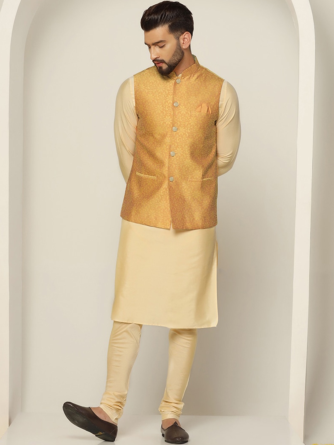 

KISAH Kurta with Churidar And Nehru Jacket, Mustard