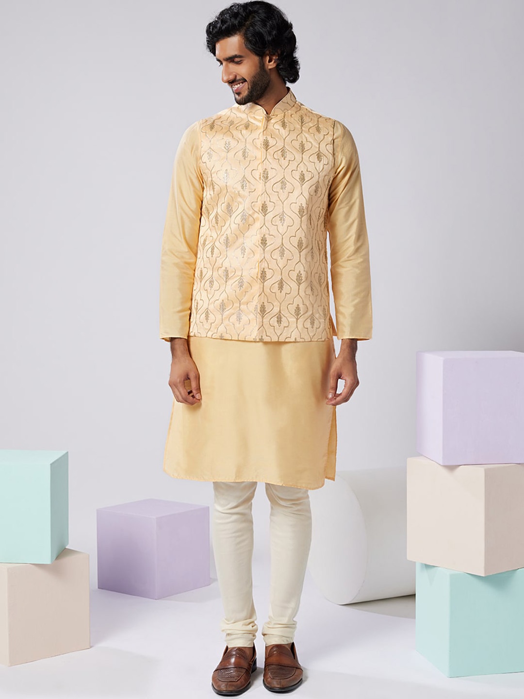 

KISAH Mandarin Collar Straight Kurta & Churidar With Nehru Jacket Set, Nude