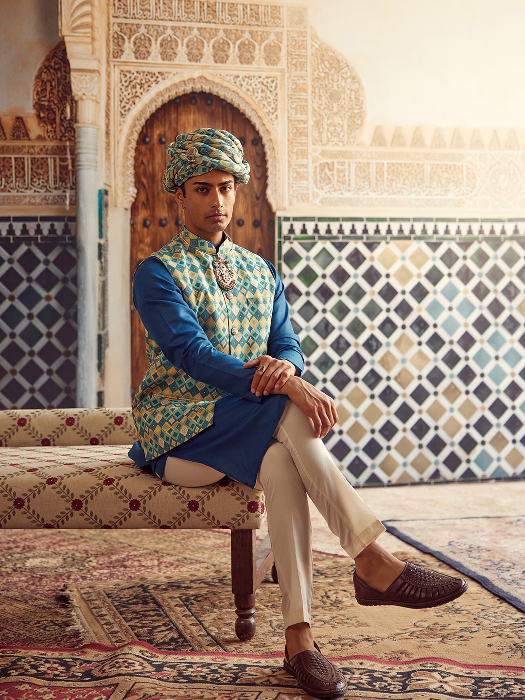 

KISAH Mandarin Collar Pure Cotton Straight Kurta & Trouser With Nehru jacket, Blue
