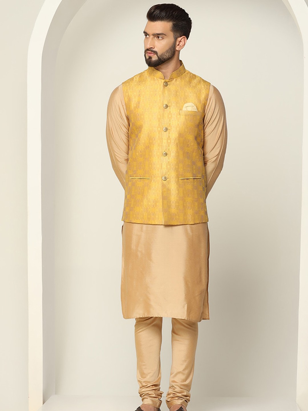 

KISAH Mandarin Collar Straight Kurta & Churidar With Nehru jacket, Gold